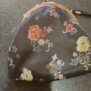 Black Floral Embroidered Frame Wristlet Clutch with Multicolor Blooms